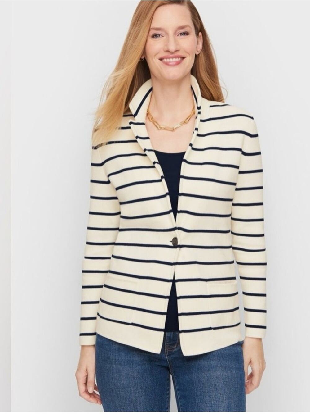 Talbots Women Navy/Off White Striped Knit Notch Collar Jacket Blazer Size Medium